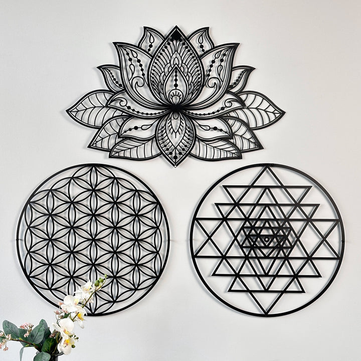 mandala-sri-yantra-flower-of-life-triple-set-metal-decor-elegant-sacred-geometry-home-colorfullworlds