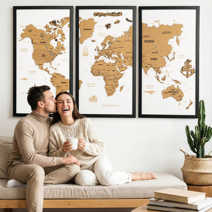 Framed Cork Push Pin World Map - Travel Tracker Wall Art