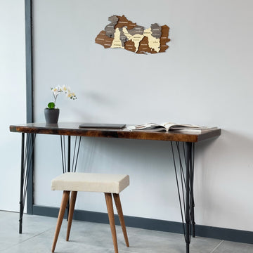 El Salvador wooden map above an iron-leg console table with a laptop, front view