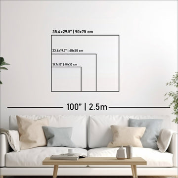 Size comparison of the Spain wooden wall map over a sofa: 40x33 cm, 60x50 cm and 90x75 cm printed on the outlines