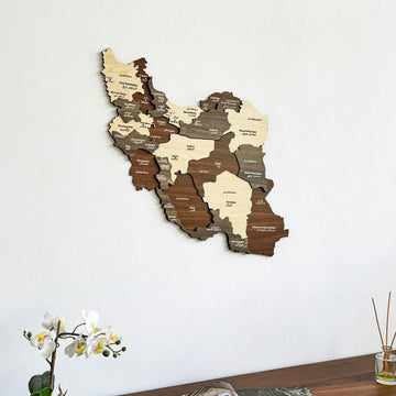 Iran wooden wall map close up on a wall above a sideboard with white orchids