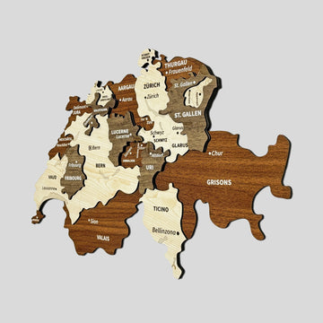 Large Switzerland wooden wall map from an angle, showing Grisons, Ticino and Zurich cantons in raised layers