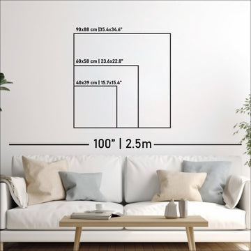 Size chart for the wooden Nicaragua map: 40x39, 60x58 and 90x88 cm against a sofa