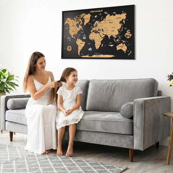 Framed Cork Push Pin World Map - Travel Tracker Wall Art