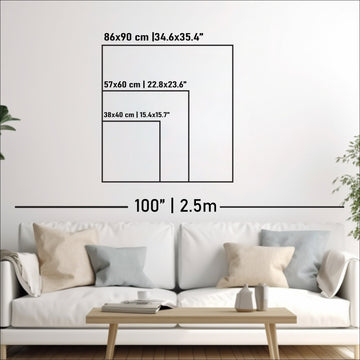 Size chart for the wooden Guatemala map: 38x40, 57x60 and 86x90 cm against a sofa on a 100 in wall