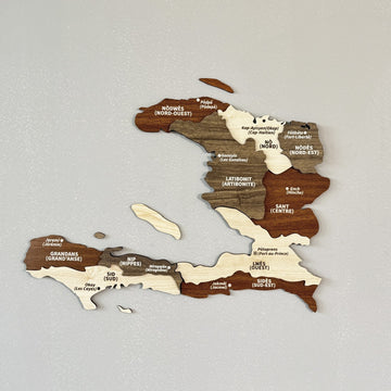 Haiti wooden wall map with department names in cream, brown and walnut wood, straight-on view