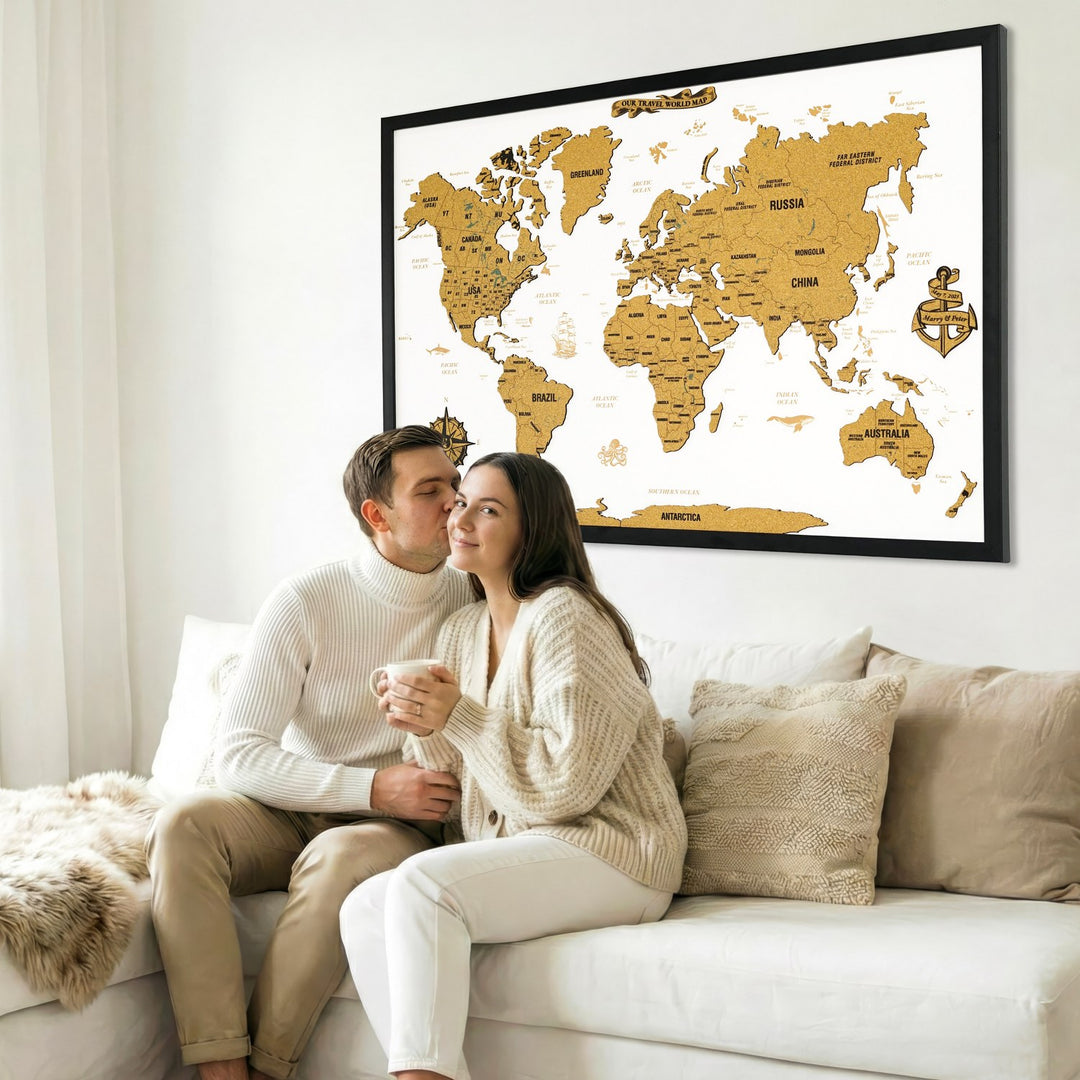 Framed Cork Push Pin World Map - Travel Tracker Wall Art