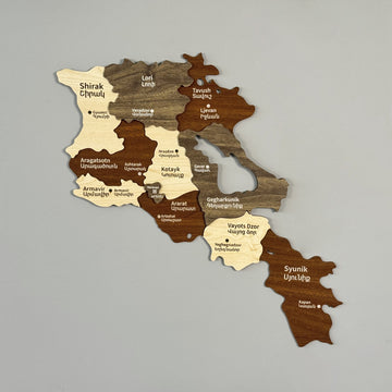 Armenia 3D wooden wall map with labeled regions like Shirak, Lori and Syunik in brown, cream and gray, close view