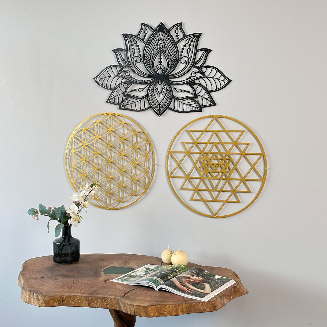 mandala-sri-yantra-flower-of-life-triple-set-home-metal-decoration-spiritual-geometric-art-colorfullworlds