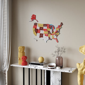 Terracotta United States wooden wall map beside a sheer curtain, above a marble console with decor
