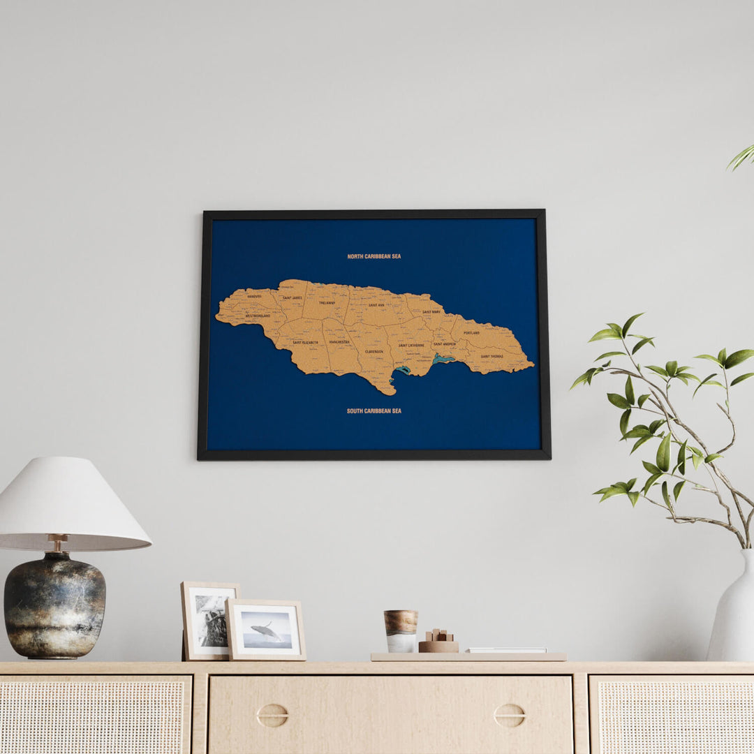 Framed Jamaica Cork Wall Map Decor