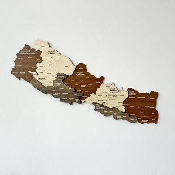 Nepal wooden wall map with province names in Nepali and English, brown, cream and tan wood, straight-on view
