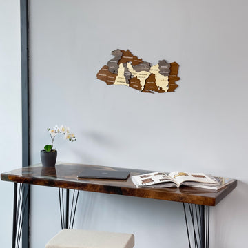El Salvador wooden wall map above a resin edge desk with a magazine, seen from the left