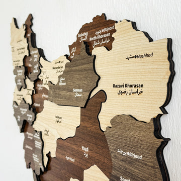 Close-up of the Iran wooden wall map showing Razavi Khorasan, Semnan and Yazd labels in Persian and English
