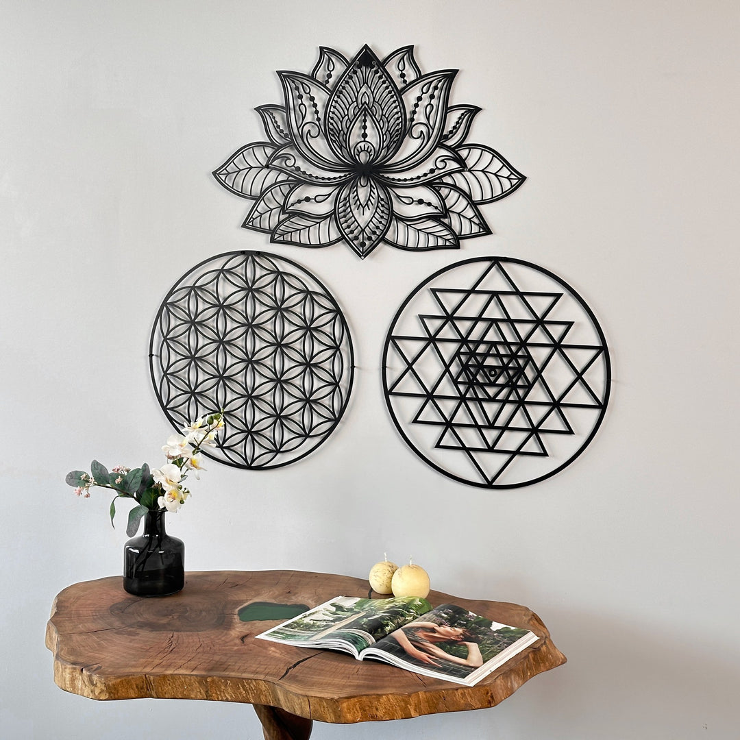 mandala-sri-yantra-flower-of-life-triple-set-metal-wall-decor-artistic-interpretation-unique-colorfullworlds