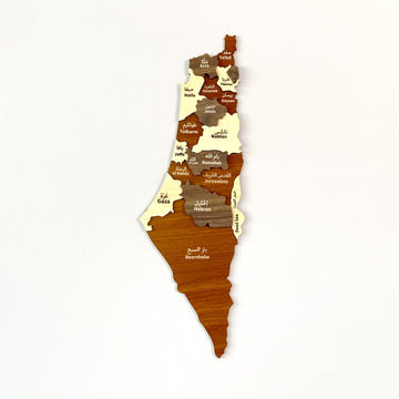 Palestine wooden wall map in brown and beige layers with city names, front view on a white wall