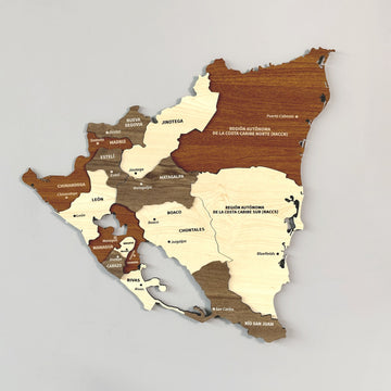 Wooden Nicaragua wall map with department names in brown, cream and gray layers, front view
