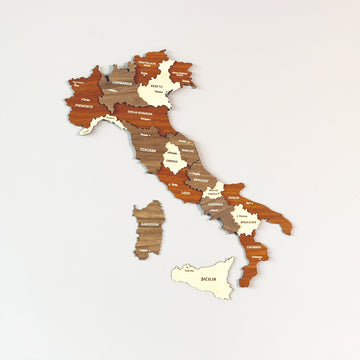 Multicolor 3D wooden Italy wall map with Sardinia and Sicily as separate pieces, front view on a white wall