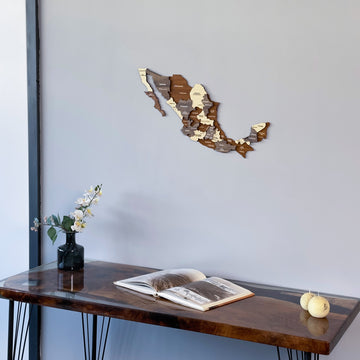 Mexico wooden wall map above a resin desk with an open book, closer view