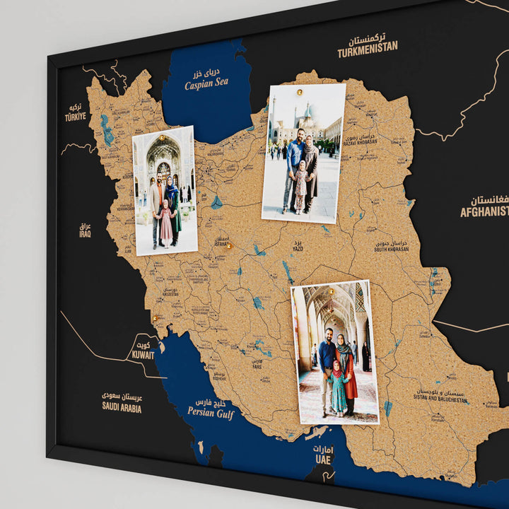 Framed Iran Cork Wall Map Decor