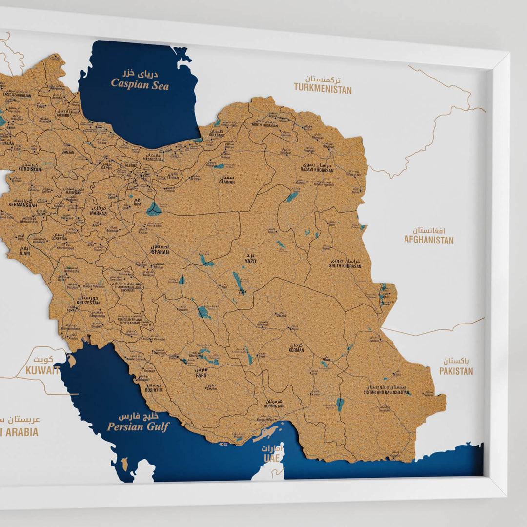 Framed Iran Cork Wall Map Decor