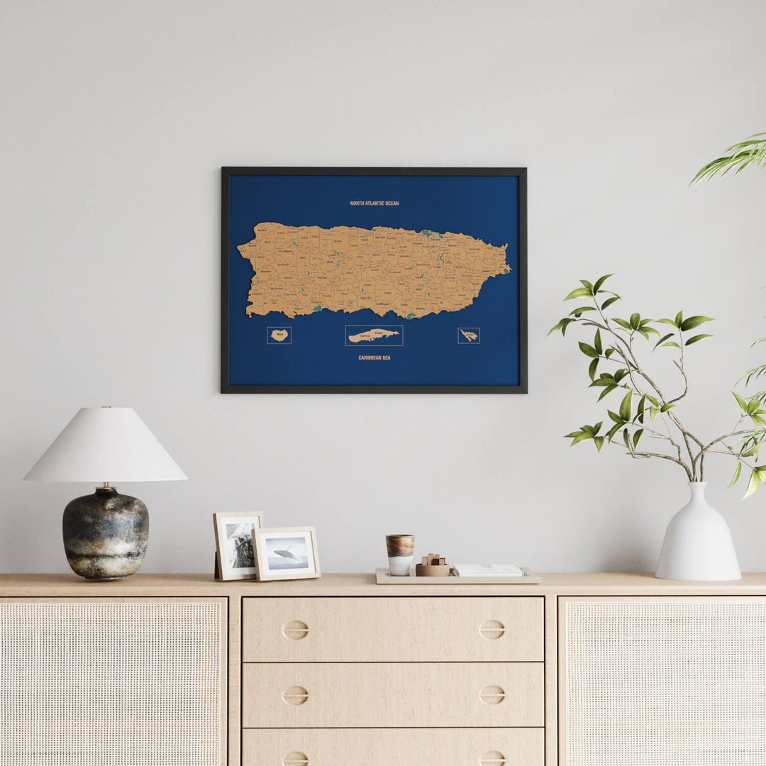 Framed Puerto Rico Cork Wall Map Decor