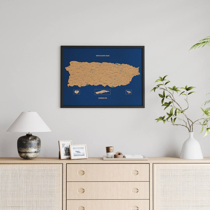 Framed Puerto Rico Cork Wall Map Decor