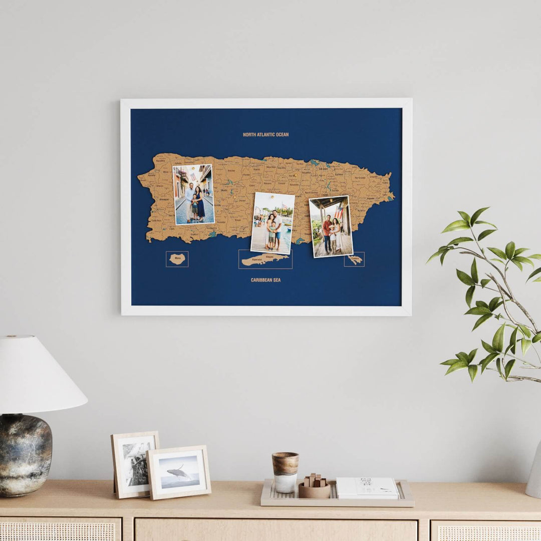 Framed Puerto Rico Cork Wall Map Decor