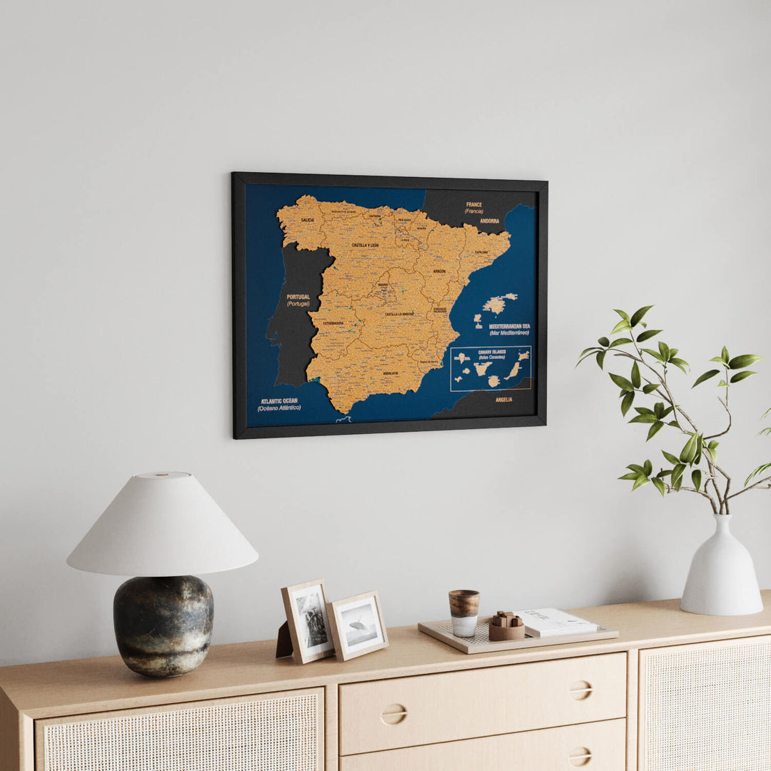 Framed Spain Cork Wall Map Decor