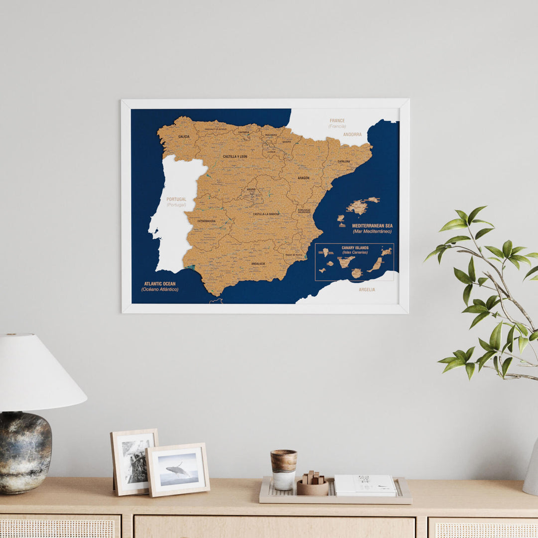 Framed Spain Cork Wall Map Decor