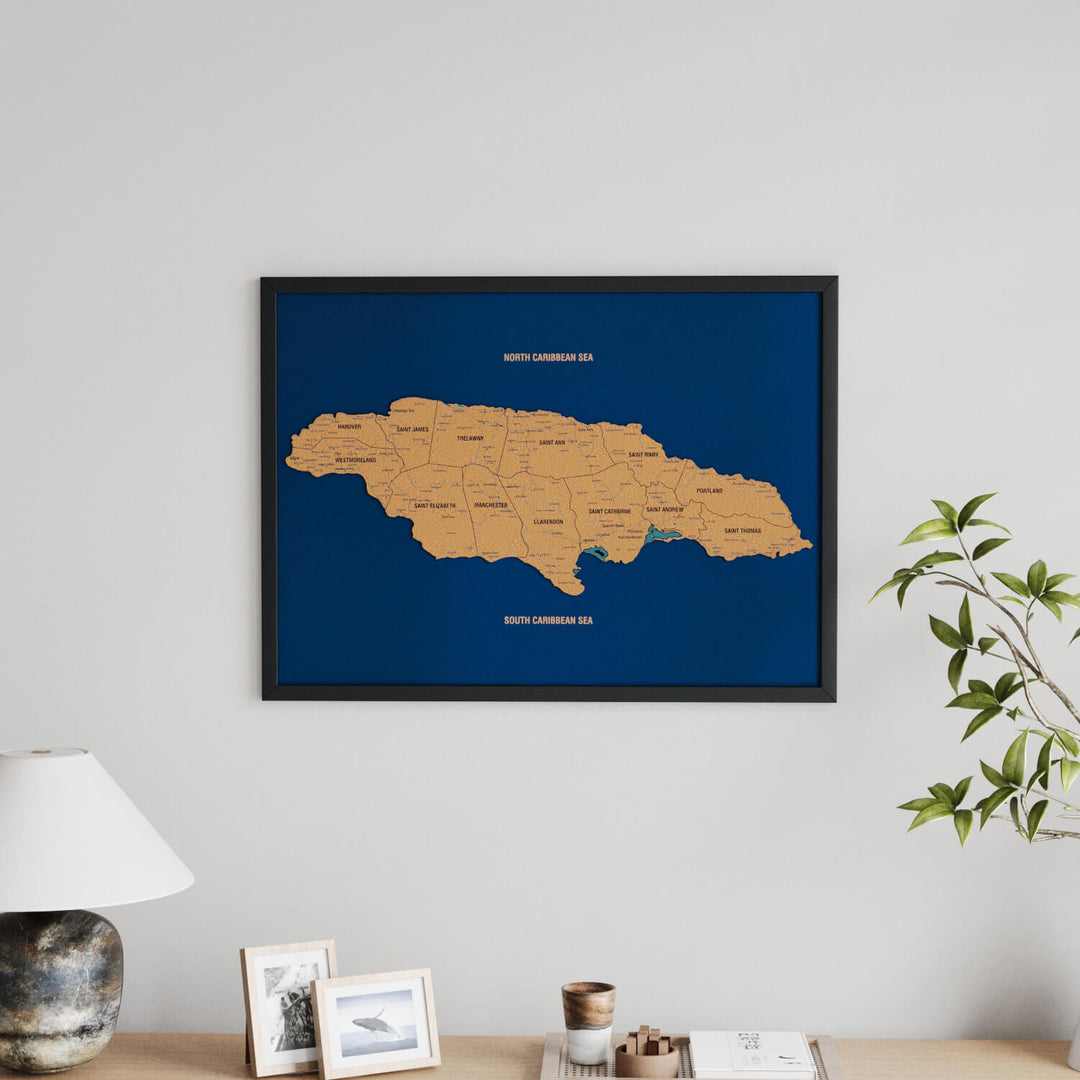 Framed Jamaica Cork Wall Map Decor