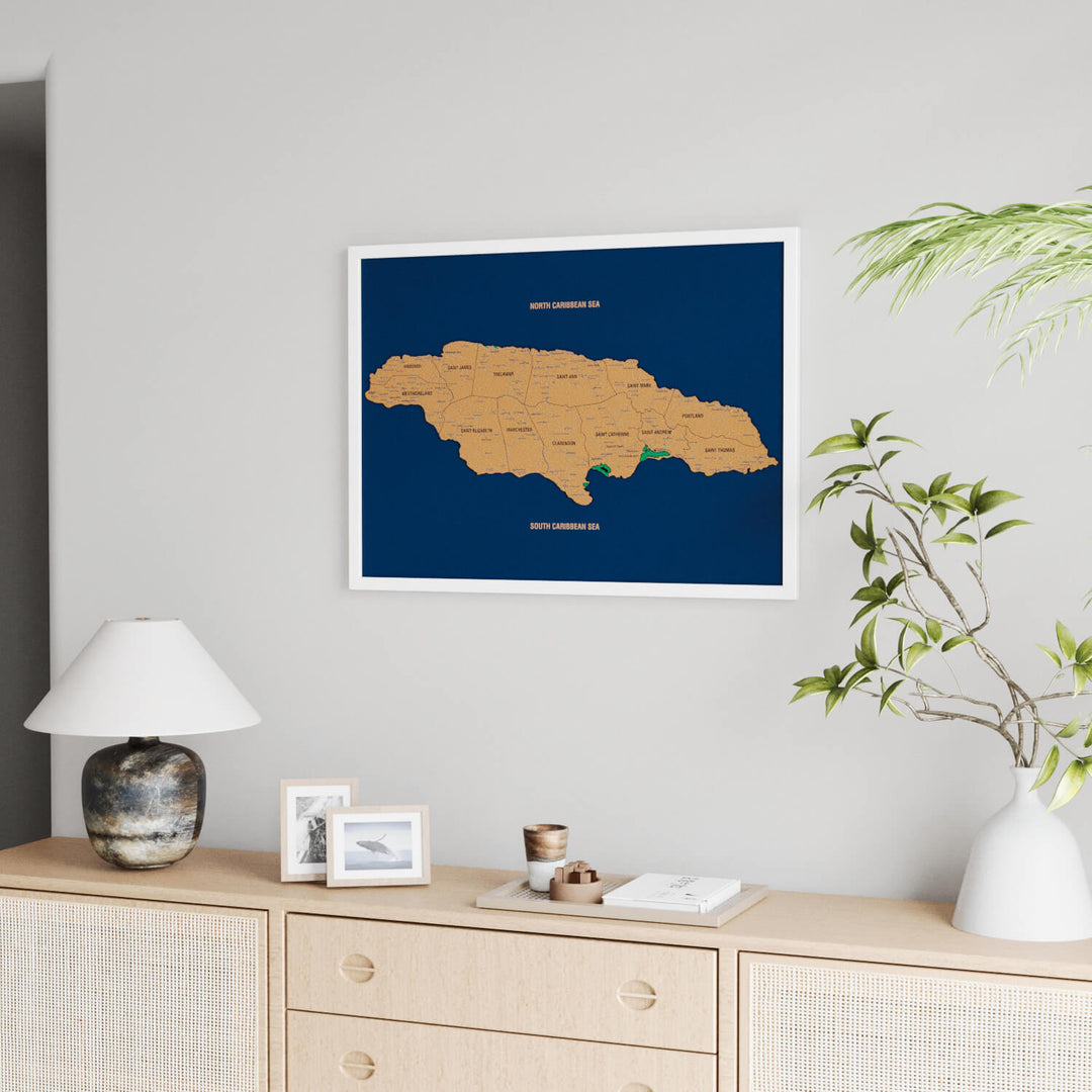 Framed Jamaica Cork Wall Map Decor
