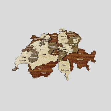 Switzerland wooden wall map with canton names in cream, brown and gray layered wood on a light gray background