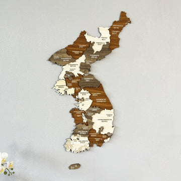 North and South Korea wooden wall map with Korean and English province names in brown and cream wood