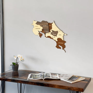 Costa Rica wooden wall map on a gray wall above a resin desk with an orchid
