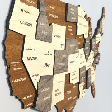 Close-up of Oregon, Nevada, California and Utah layers on the wooden USA map