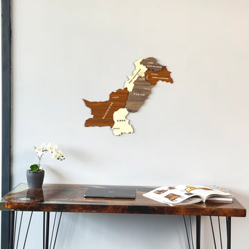 Pakistan wooden wall map above the end of a resin desk with an orchid