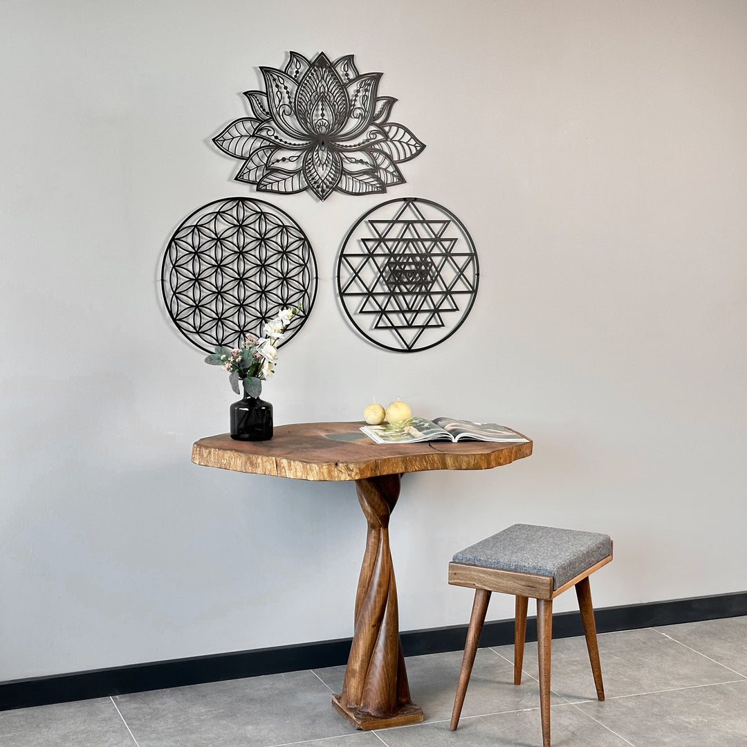 mandala-sri-yantra-flower-of-life-triple-set-metal-wall-art-decor-modern-geometric-touch-colorfullworlds