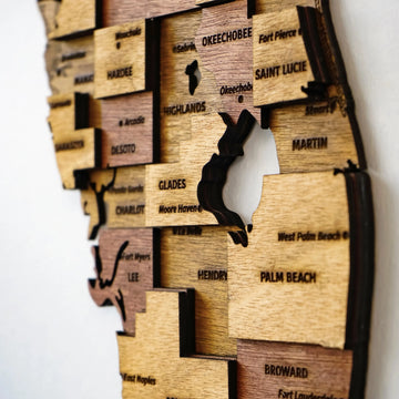 Close-up of the Florida wooden map around Lake Okeechobee with Palm Beach, Broward and Glades counties
