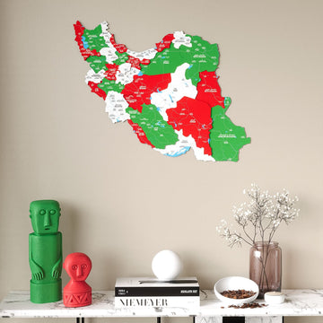 Iranian Flag Iran wooden wall map in red, green and white provinces, above a console with decor