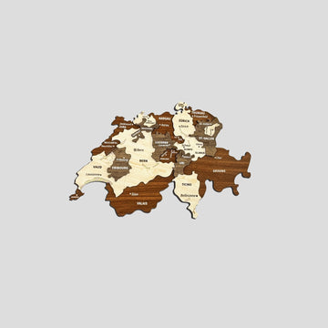Switzerland wooden wall map in a small straight-on shot with generous empty space around it