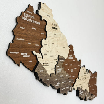 Close-up of the Nepal wooden wall map showing Sudurpashchim, Karnali and Lumbini provinces in stacked layers