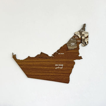 United Arab Emirates wooden wall map in walnut wood with Abu Dhabi and Dubai labels in English and Arabic