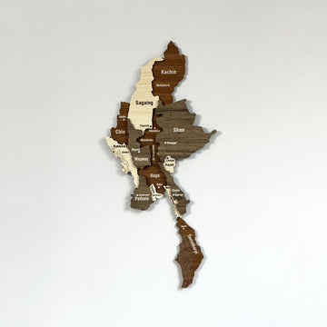 Myanmar wooden wall map with Kachin, Sagaing and Shan state names in brown, tan and cream wood