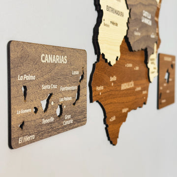 Side-angle close-up of the Canarias panel and Andalucía on the mixed color Spain wooden wall map