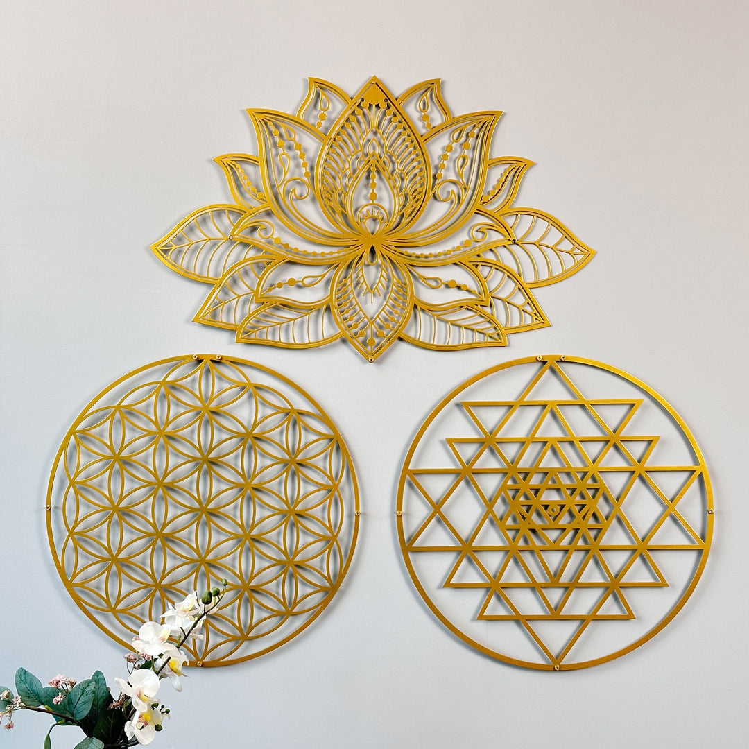 mandala-sri-yantra-flower-of-life-triple-set-home-metal-decoration-inspiring-geometric-forms-colorfullworlds