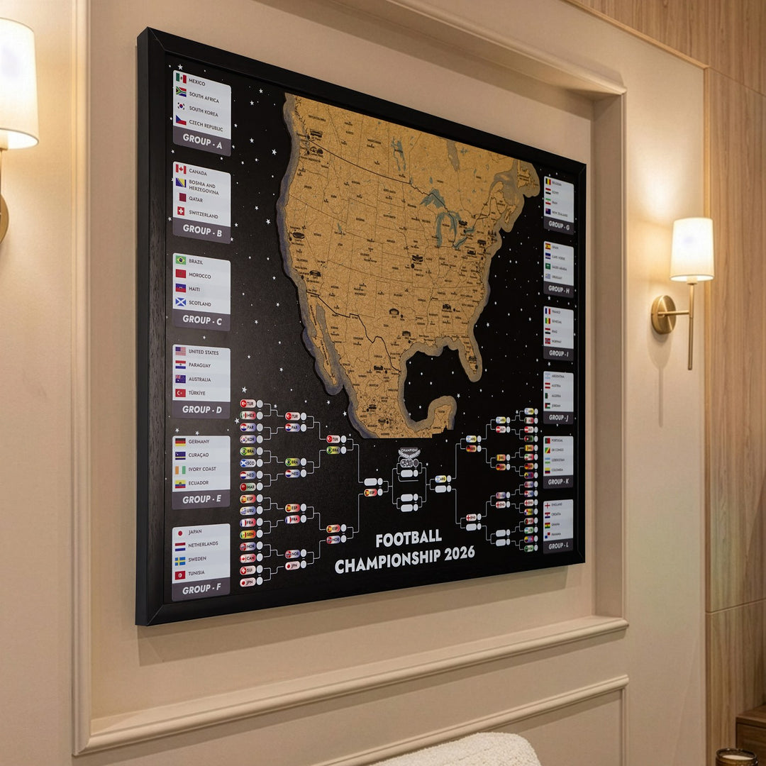 Framed 2026 World Cup Cork Map - Interactive Tournament Bracket