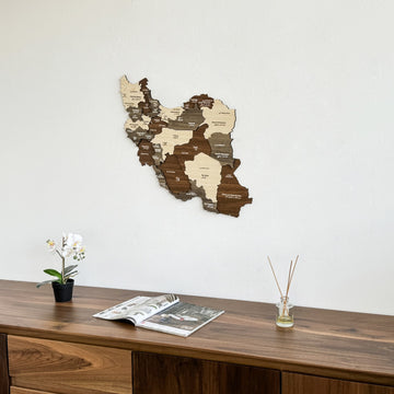 Iran wooden wall map hung above a walnut sideboard with an orchid