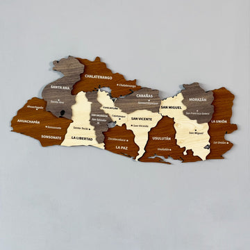 El Salvador 3D wooden wall map with Santa Ana, San Miguel and La Libertad labels in brown, gray and cream