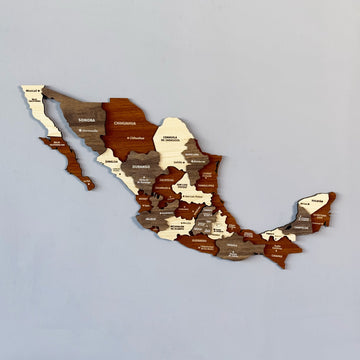 Mexico wooden wall map with state names in cream, tan and brown wood layers, straight-on view
